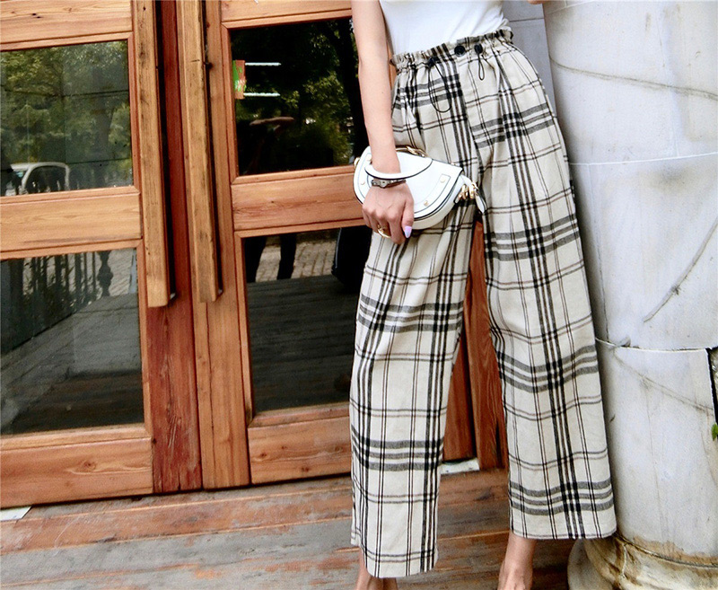 Fashion Khaki Grid Pattern Decorated High-waist Pants,Pants