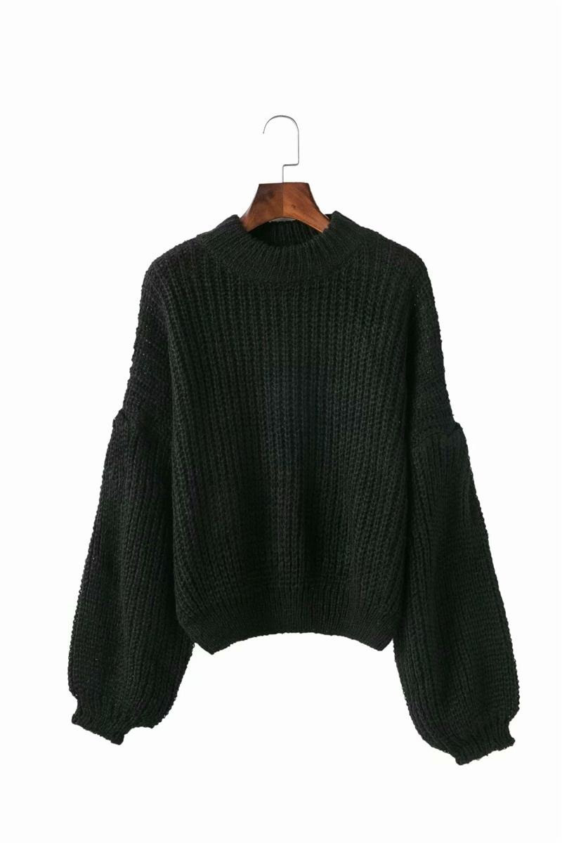 Fashion Black Puff Sleeves Design Pure Color Sweater,Sweater