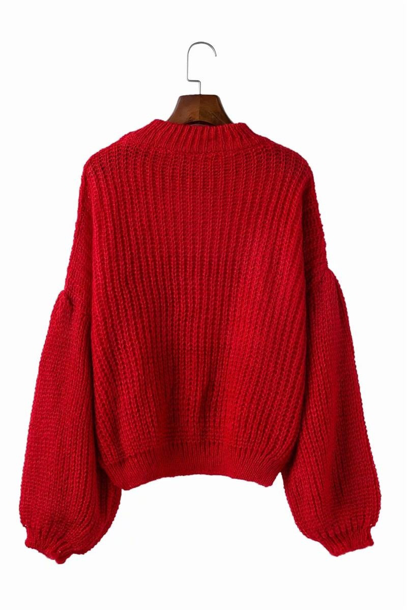 Fashion Red Puff Sleeves Design Pure Color Sweater,Sweater