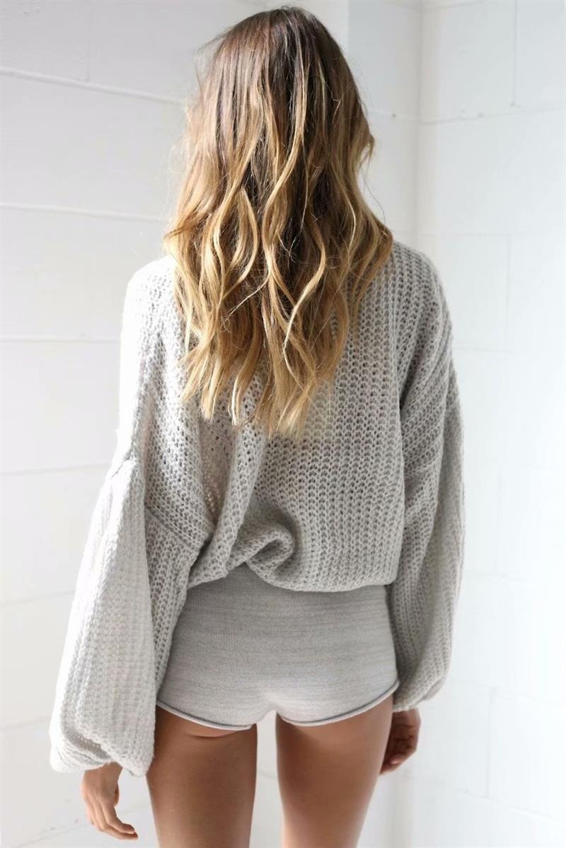 Fashion Gray Puff Sleeves Design Pure Color Sweater,Sweater