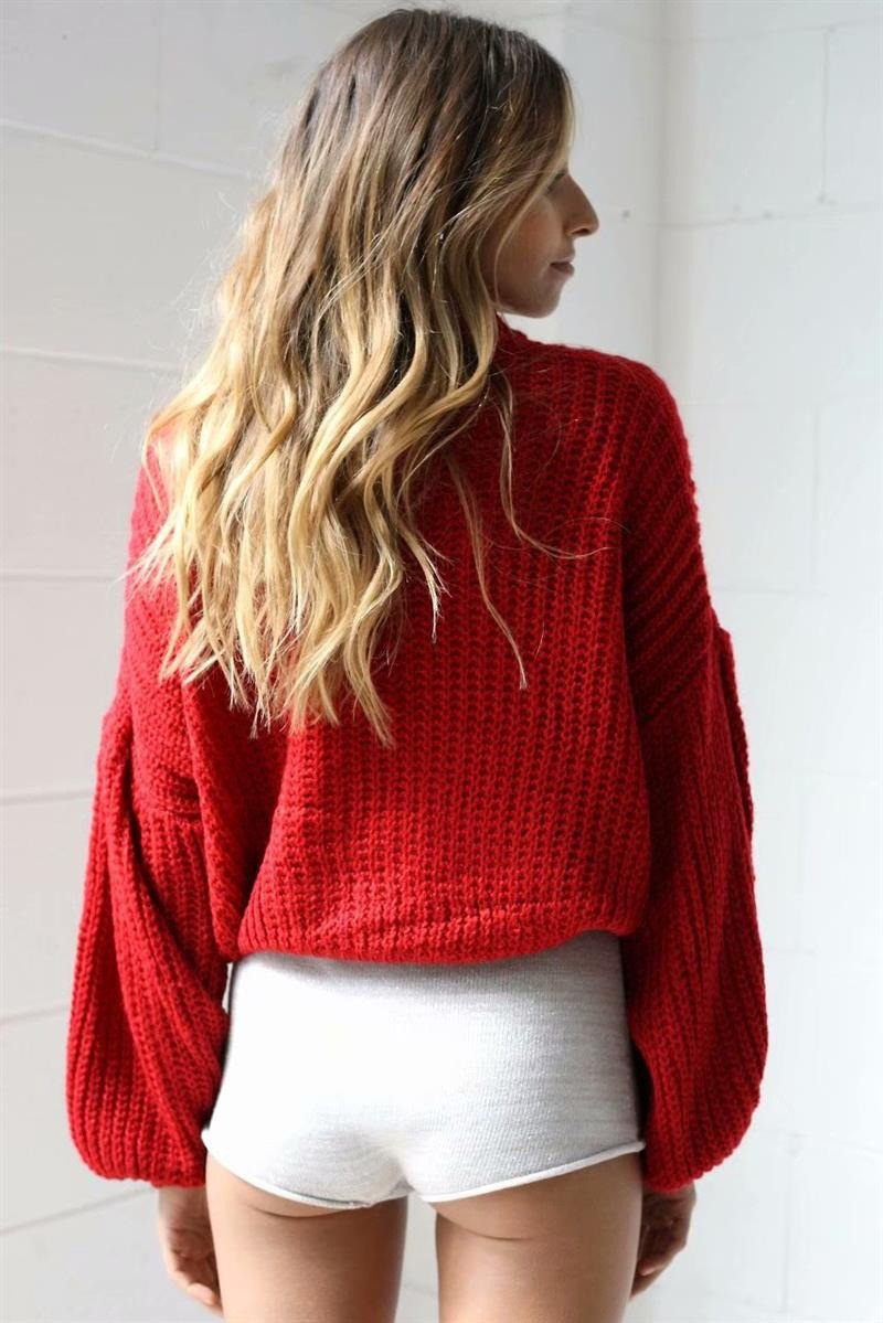 Fashion Red Puff Sleeves Design Pure Color Sweater,Sweater