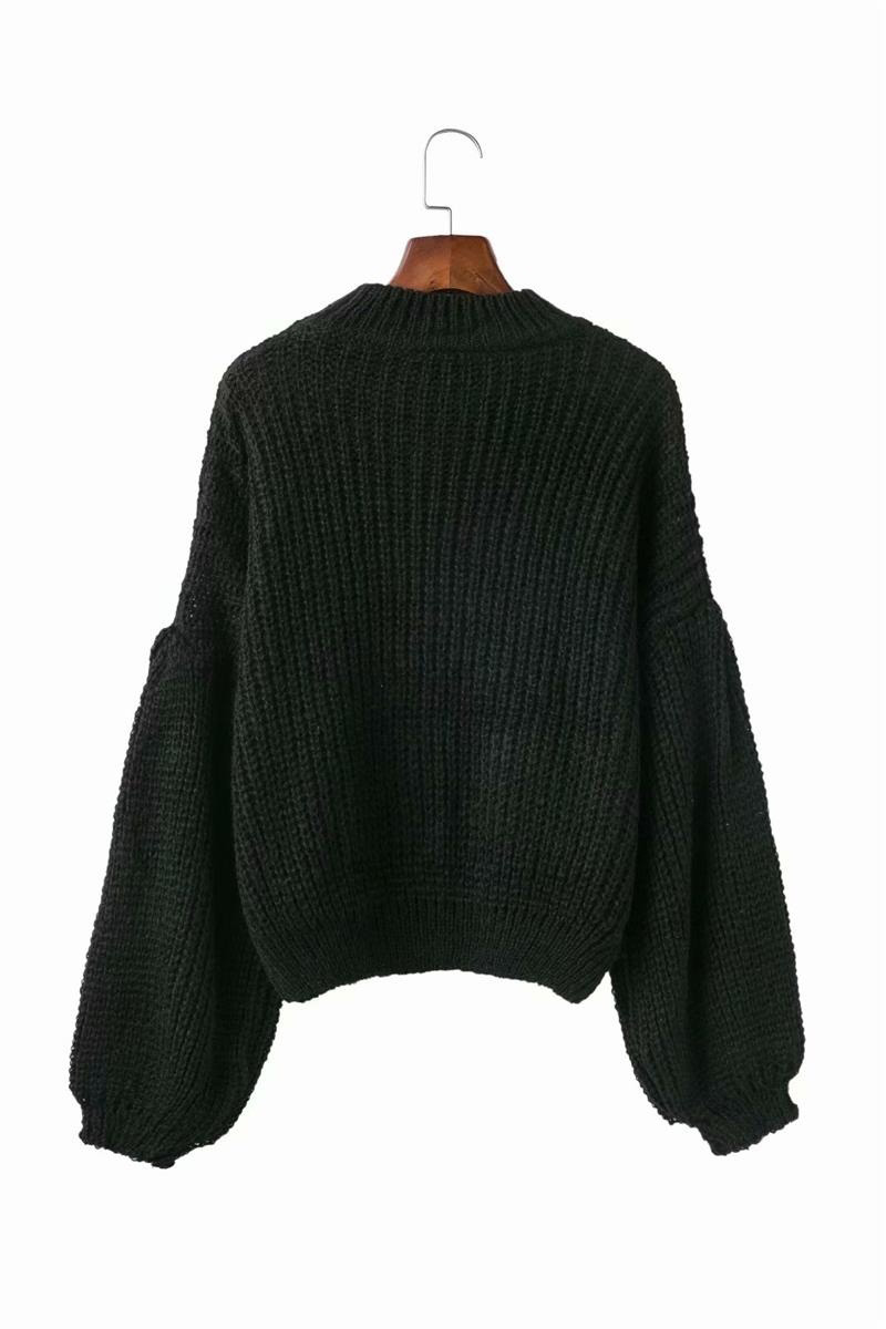 Fashion Black Puff Sleeves Design Pure Color Sweater,Sweater