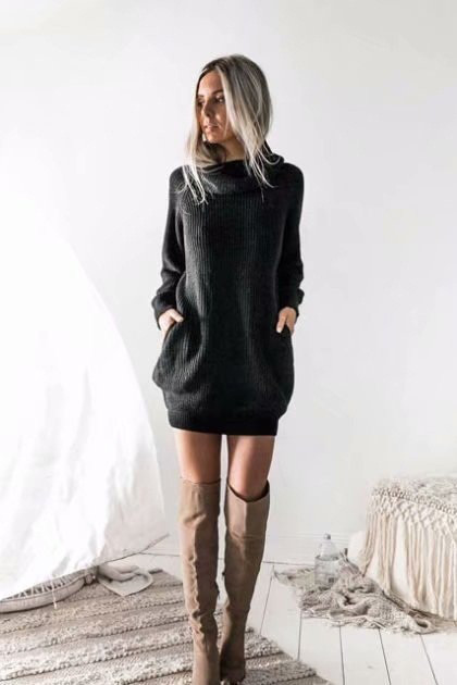 Fashion Black Pure Color Decorated Long Knitted Sweater,Sweater