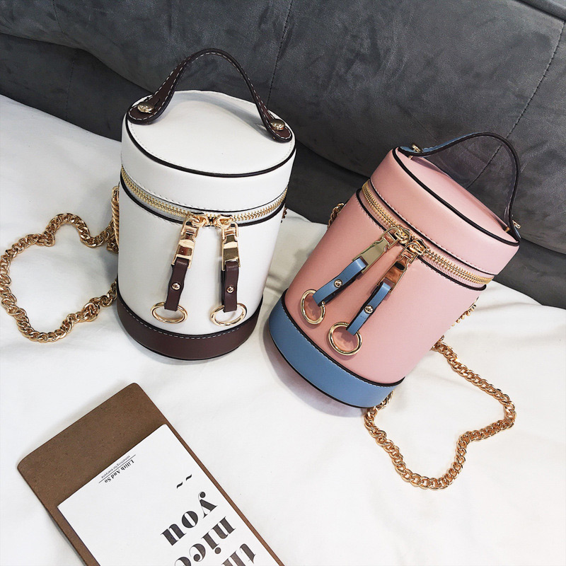 Elegant Khaki Double Zippers Decorated Bucket Shape Bag,Handbags