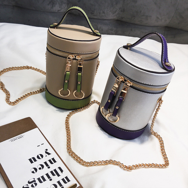 Elegant Silver Color Double Zippers Decorated Bucket Shape Bag,Handbags