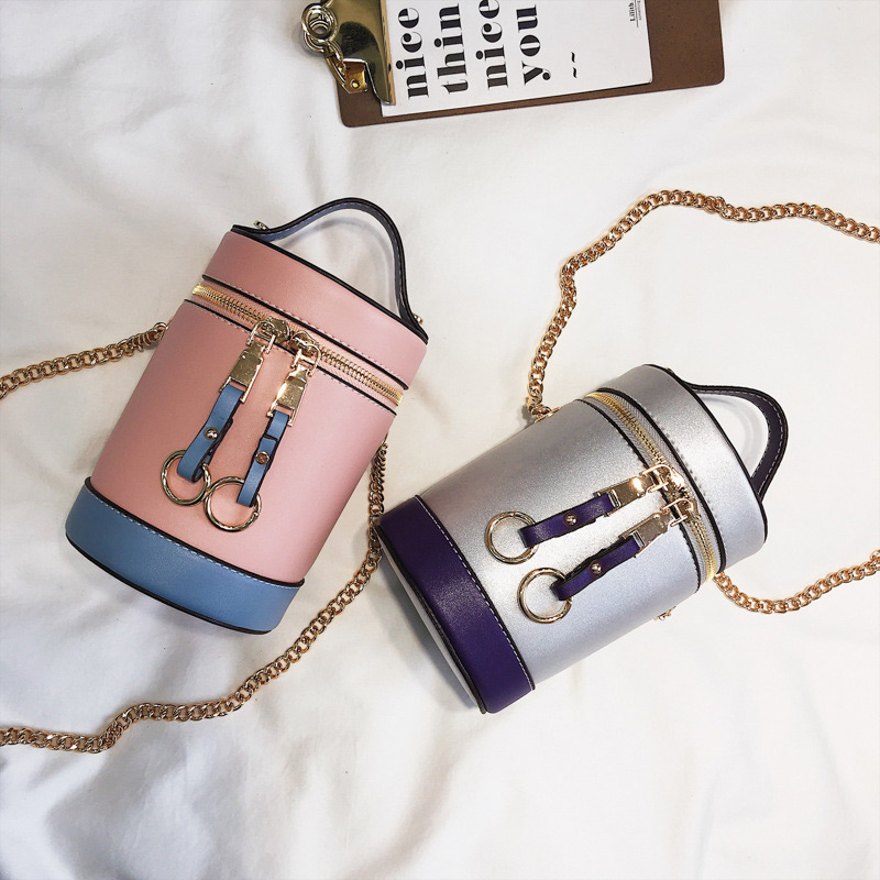 Elegant Silver Color Double Zippers Decorated Bucket Shape Bag,Handbags
