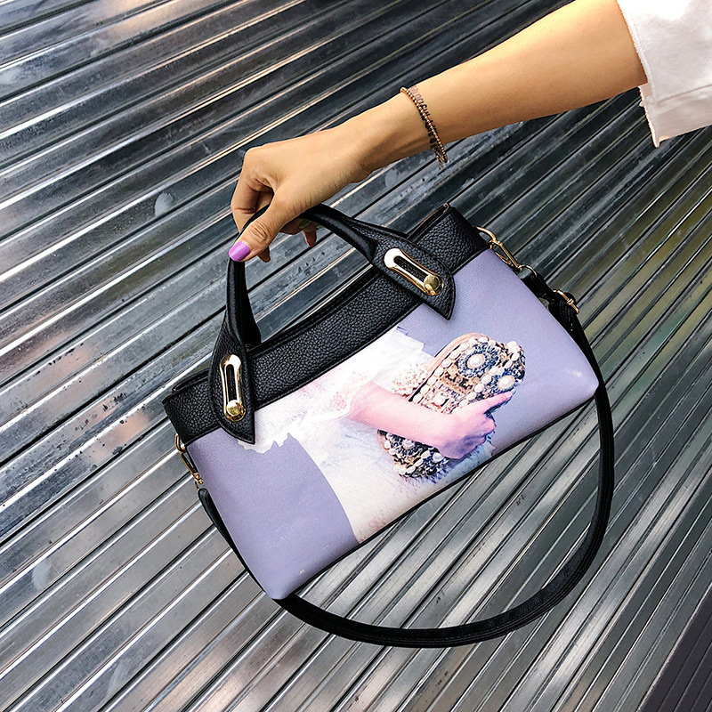 Elegant White+purple Hand Pattern Decorated Shoulder Bag,Handbags