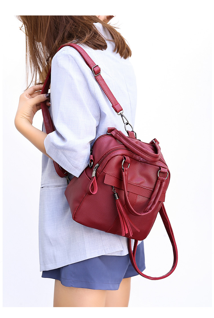 Elegant Claret Red Tassel Decorated Pure Color Backpack,Backpack