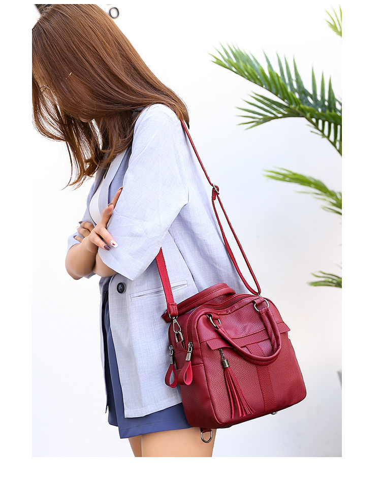 Elegant Claret Red Tassel Decorated Pure Color Backpack,Backpack