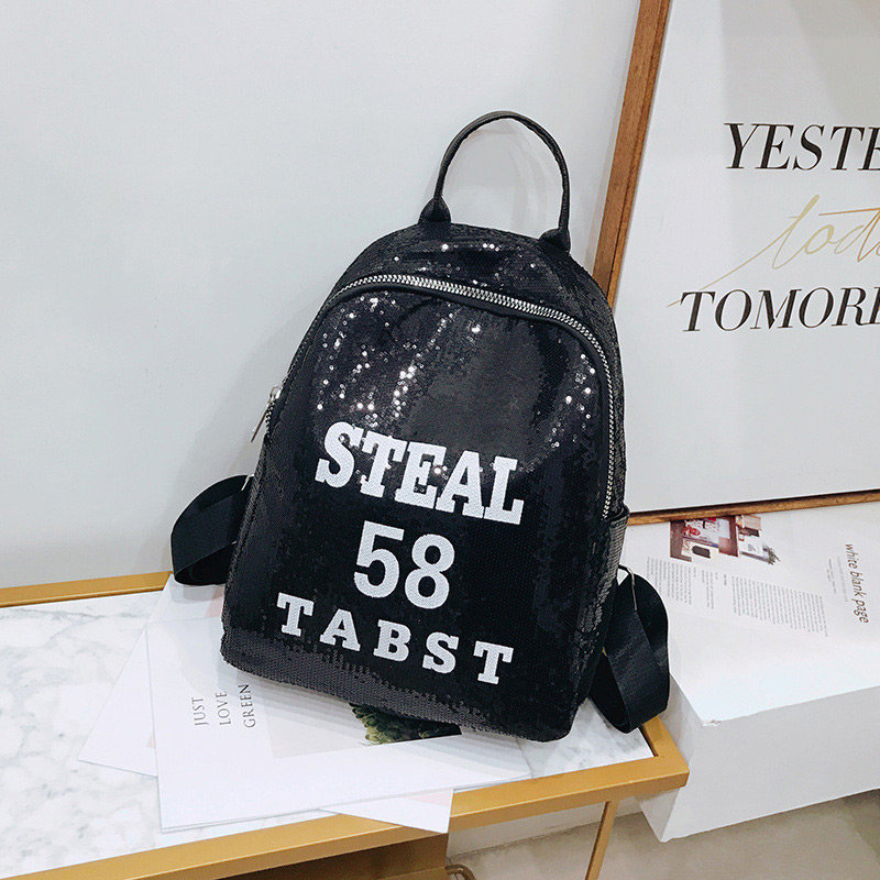 Trendy Black Sequins&letter Pattern Decorated Backpack,Backpack