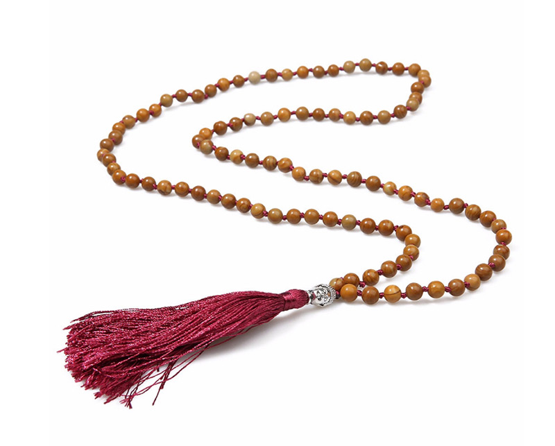 Vintage Khaki+red Color Matching Design Long Tassel Necklace,Beaded Necklaces