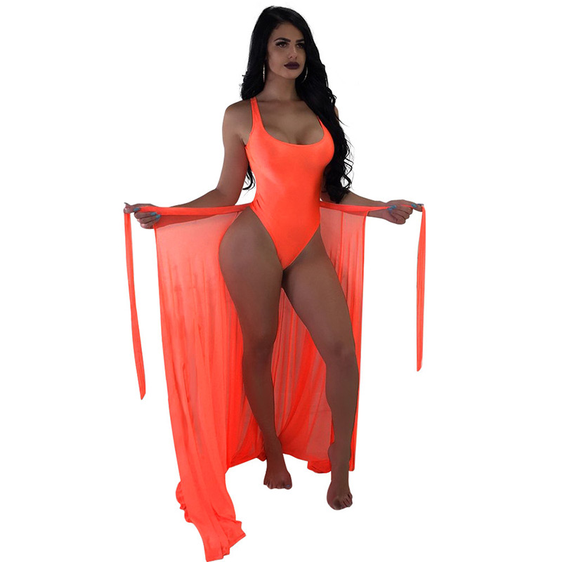 Sexy Orange Pure Color Design Swimwear With Smock(2pcs),One Pieces