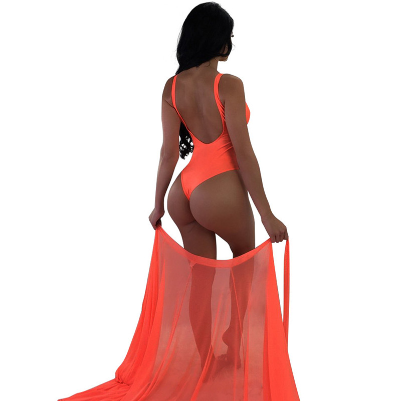 Sexy Orange Pure Color Design Swimwear With Smock(2pcs),One Pieces