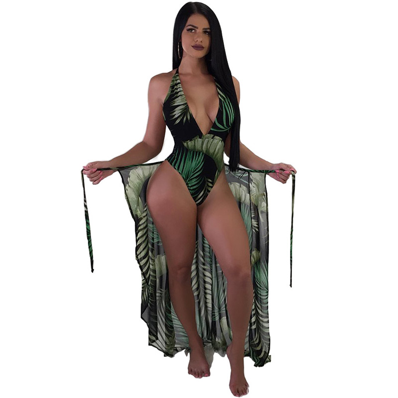 Sexy Dark Green Leaf Pattern Decorated Swimwear With Smock(2pcs),One Pieces