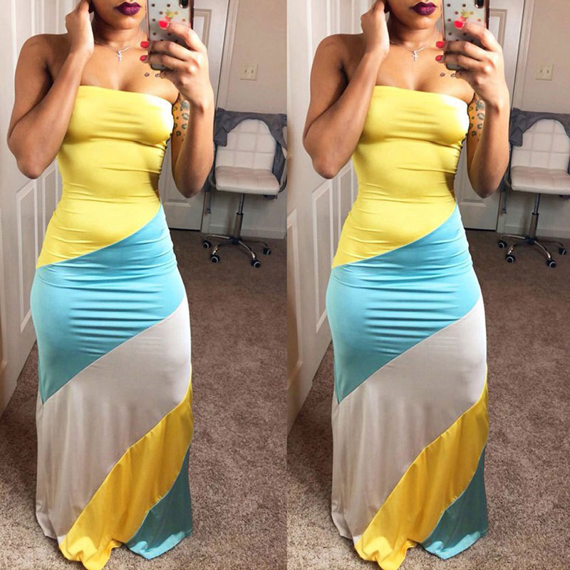 Sexy Multi-color Color Matching Design Strapless Dress,Long Dress