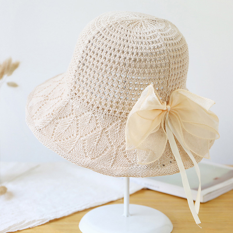 Trendy Beige Bowknot Decorated Knitted Sunscreen Hat,Sun Hats