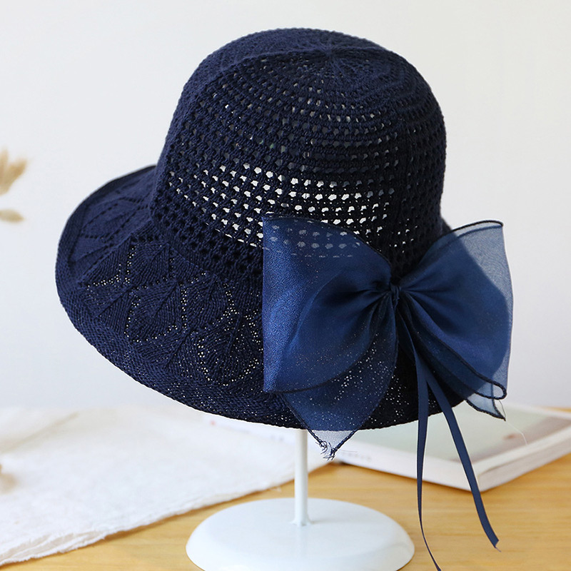 Trendy Navy Bowknot Decorated Knitted Sunscreen Hat,Sun Hats