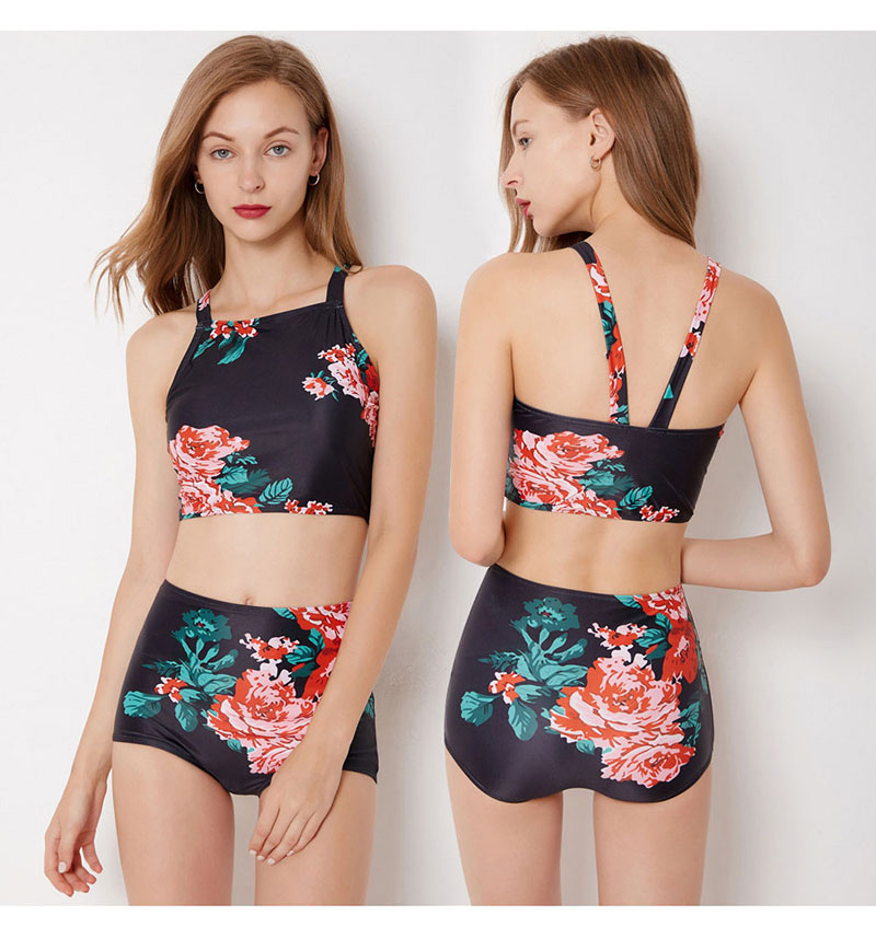 Sexy Black Flowers Decorated High-waist Swimwear,Bikini Sets
