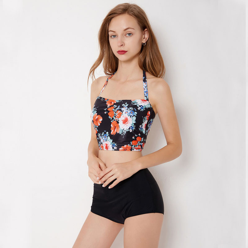 Sexy Black Flowers Decorated High-waist Swimwear,Bikini Sets