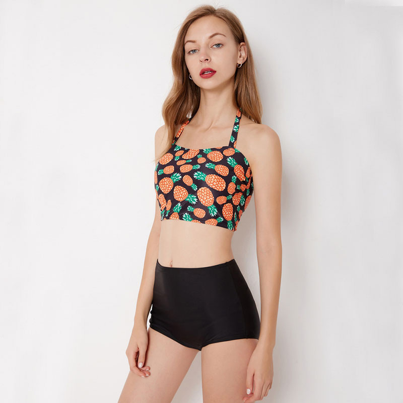 Sexy Orange+black Pineapple Decorated High-waist Swimwear,Bikini Sets