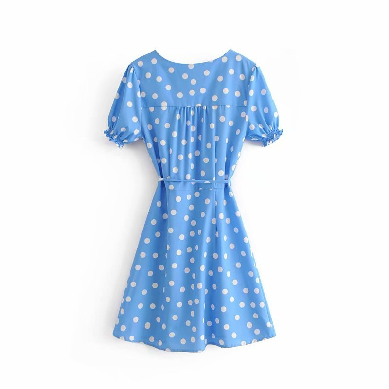 Sexy Blue Dots Pattern Decorated V Neckline Dress,Long Dress