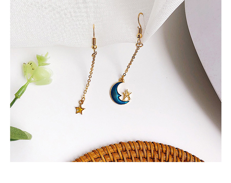 Elegant Dark Blue Moon&star Shape Decorated Asymmetric Earrings,Drop Earrings