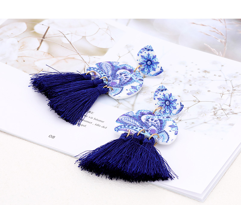 Fashion Navy Flower Pattern Design Tassel Earrings,Drop Earrings