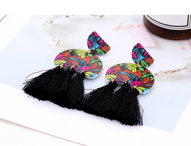 Fashion Black Flower Pattern Design Tassel Earrings,Drop Earrings