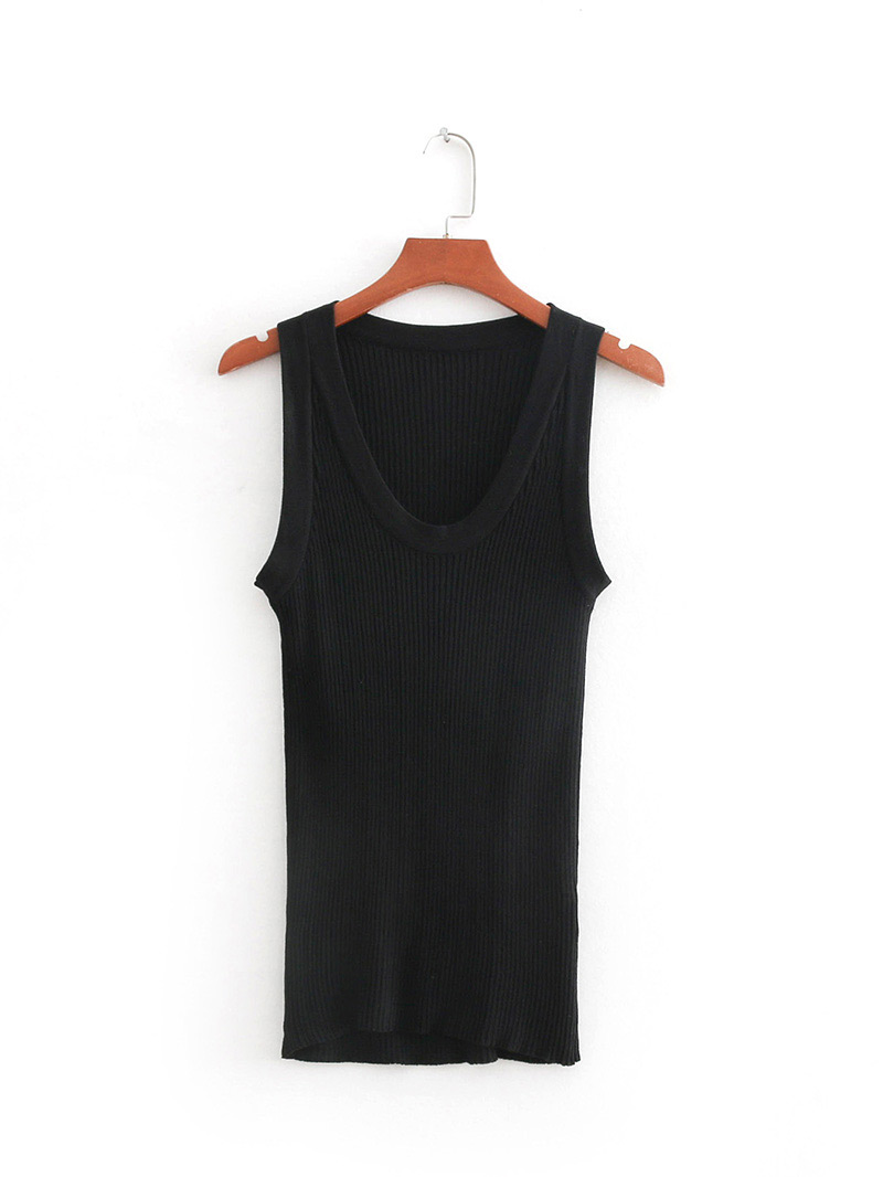 Fashion Black Round Neckline Design Pure Color Blouse,Tank Tops & Camis