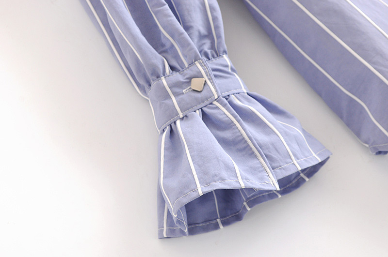 Fashion Blue Stripe Pattern Design Long Sleeves Shirt,Tank Tops & Camis