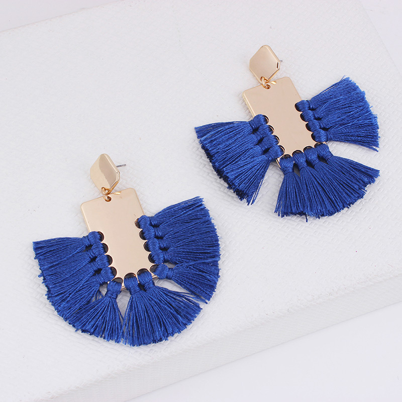 Elegant Sapphire Blue Square Shape Decorated Tassel Earrings,Drop Earrings