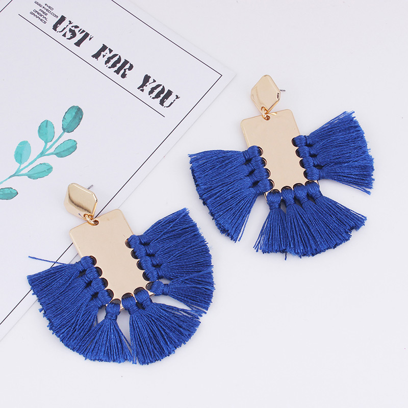 Elegant Sapphire Blue Square Shape Decorated Tassel Earrings,Drop Earrings