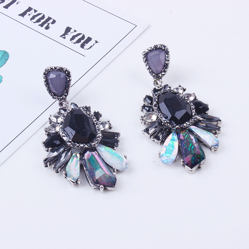 Elegant Black Geometric Shape Gemstone Decorated Earrings,Drop Earrings