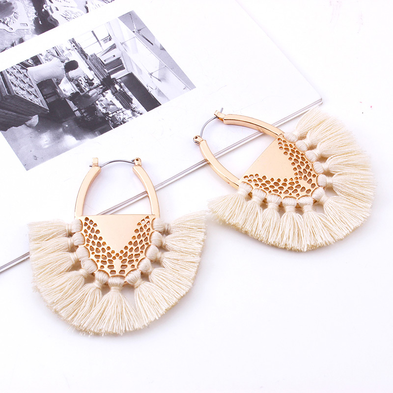Fashion Beige Tassel Decorated Semicircle Shape Earrings,Drop Earrings