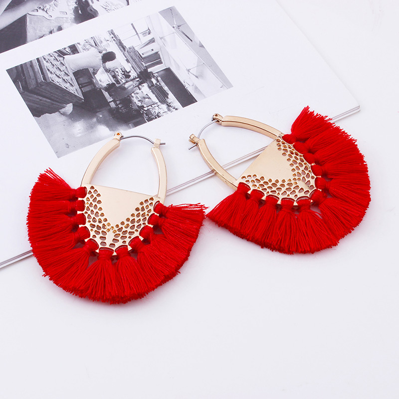 Fashion Claret Red Tassel Decorated Semicircle Shape Earrings,Drop Earrings