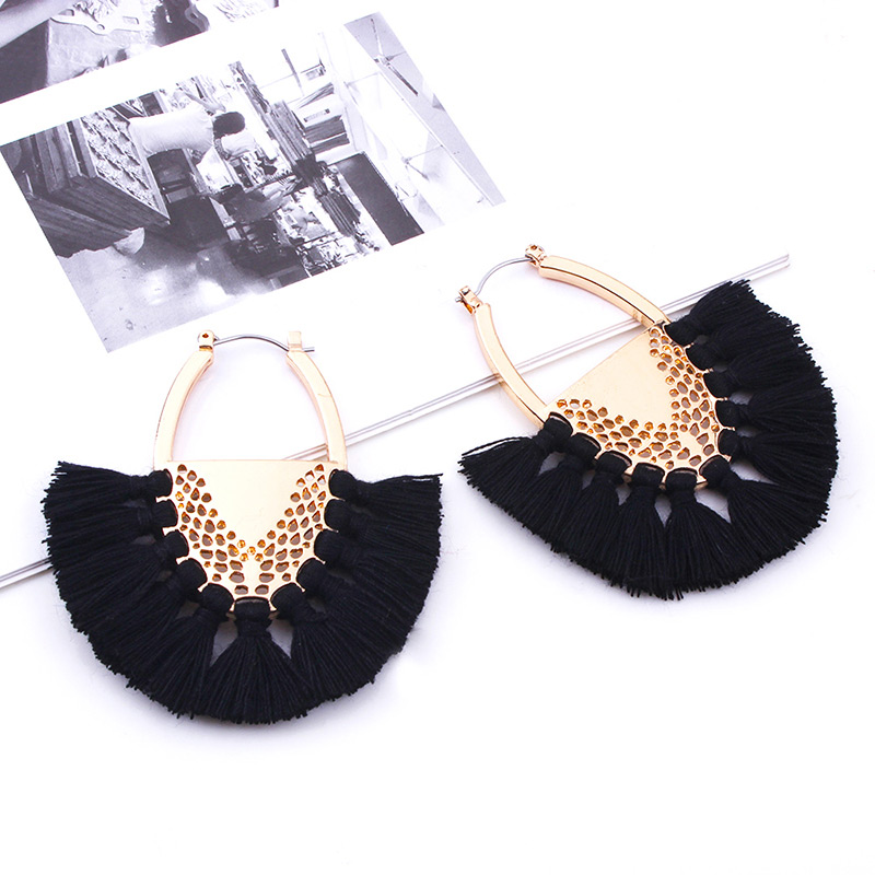 Fashion Black Tassel Decorated Semicircle Shape Earrings,Drop Earrings