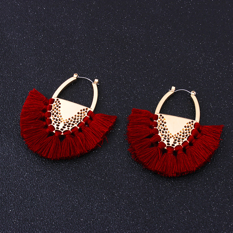 Fashion Claret Red Tassel Decorated Semicircle Shape Earrings,Drop Earrings