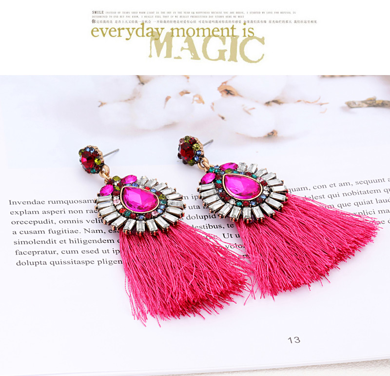 Fashion Plum Red Diamond Decorated Tassel Earrings,Drop Earrings
