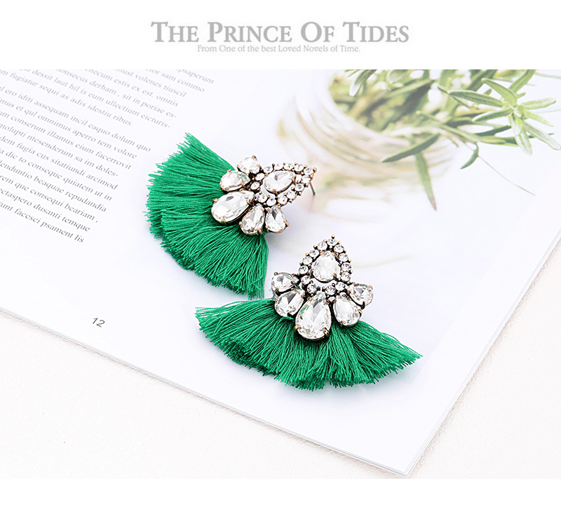 Fashion Green Diamond Decorated Tassel Earrings,Drop Earrings
