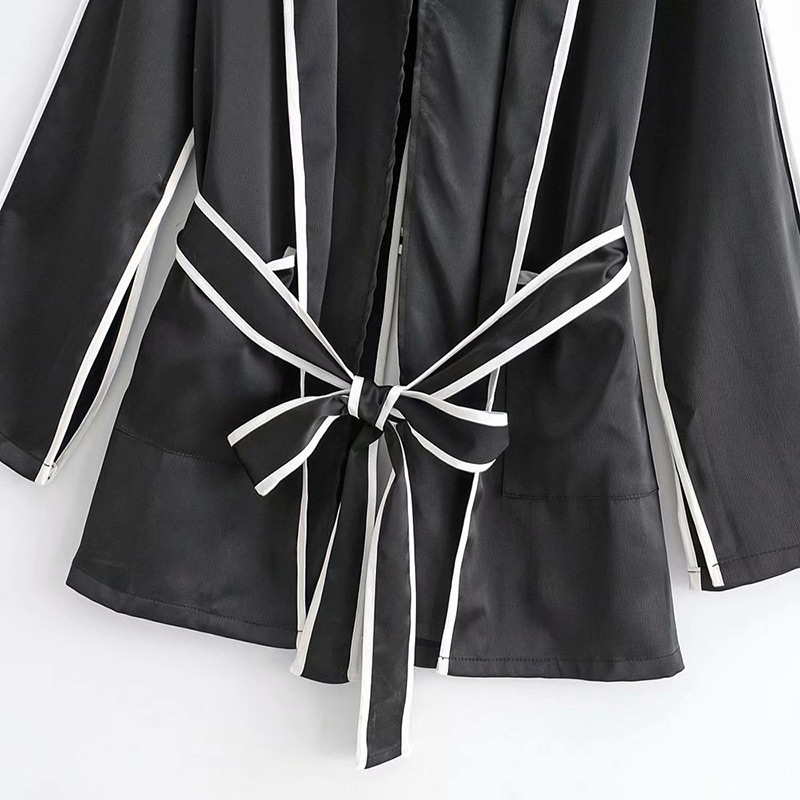 Fashion Black Stripe Pattern Design V Neckline Coat,Coat-Jacket