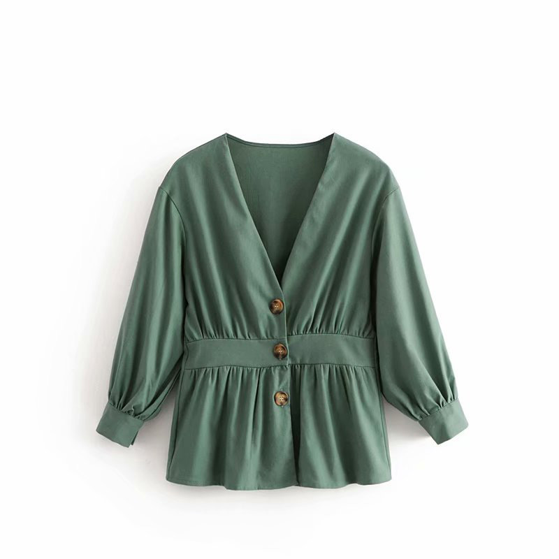 Fashion Green V Neckline Design Pure Color Blouse,Coat-Jacket