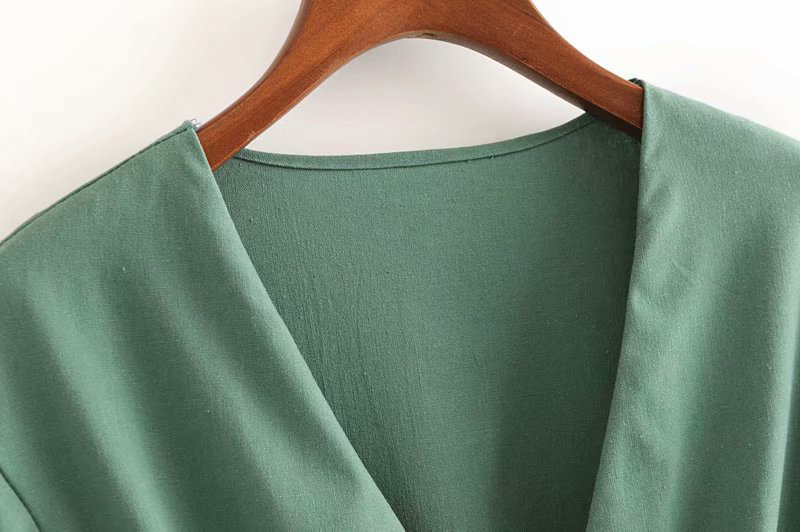 Fashion Green V Neckline Design Pure Color Blouse,Coat-Jacket
