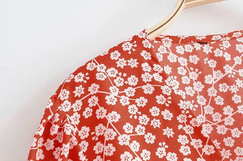Fashion Red Flowers Pattern Design V Neckline Dress,Long Dress