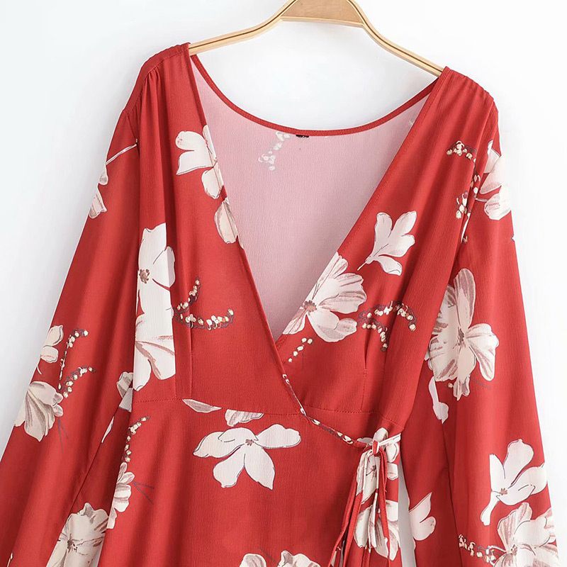 Fashion Red Flowers Pattern Design V Neckline Dress,Long Dress