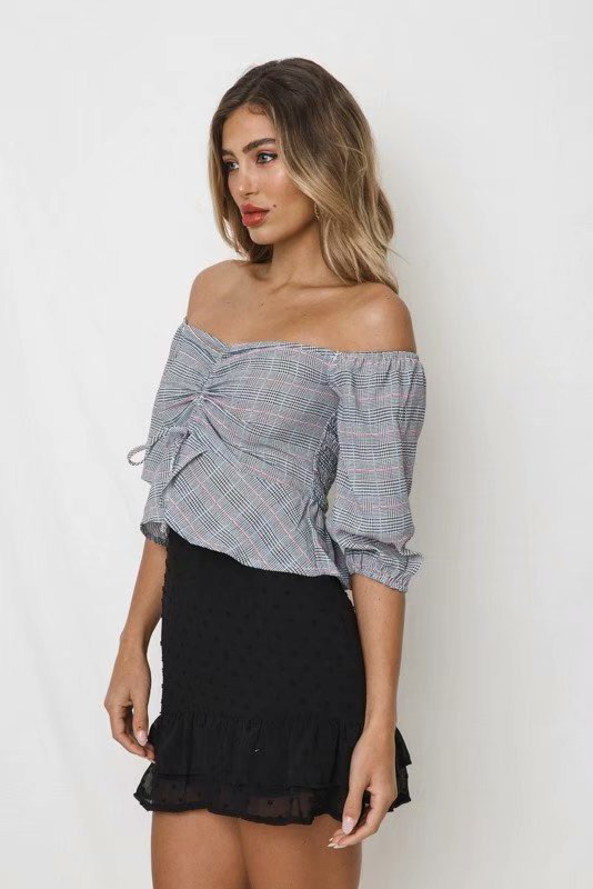 Fashion Gray Off Shoulder Design Simple Blouse,Tank Tops & Camis