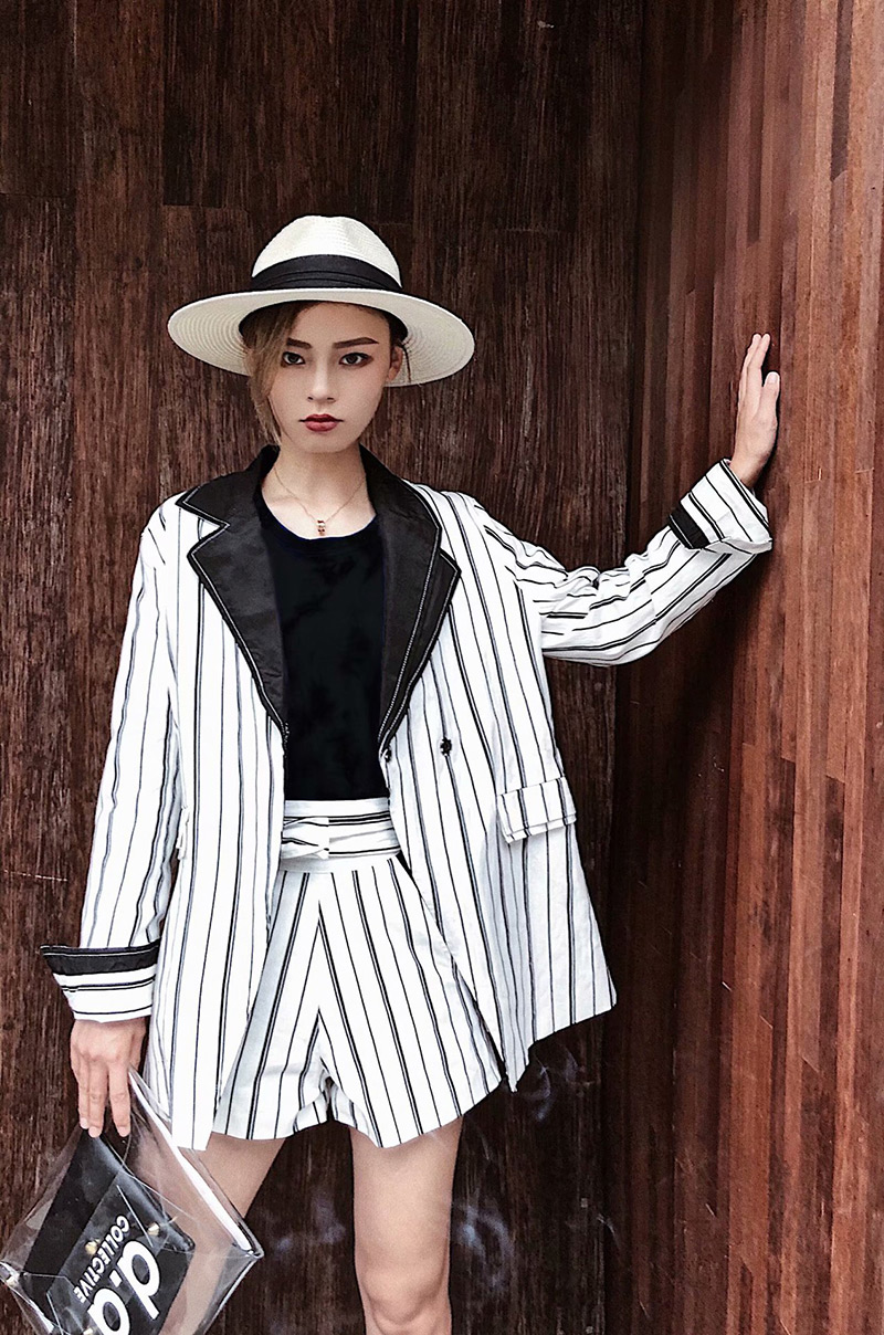Fashion White Stripe Pattern Design Loose Coat,Coat-Jacket