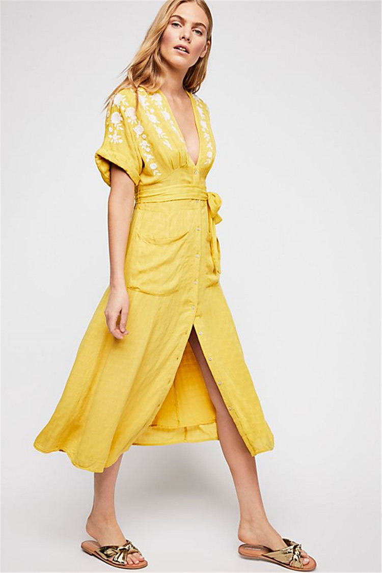 Fashion Yellow V Neckkline Design Flower Pattern Dress,Long Dress