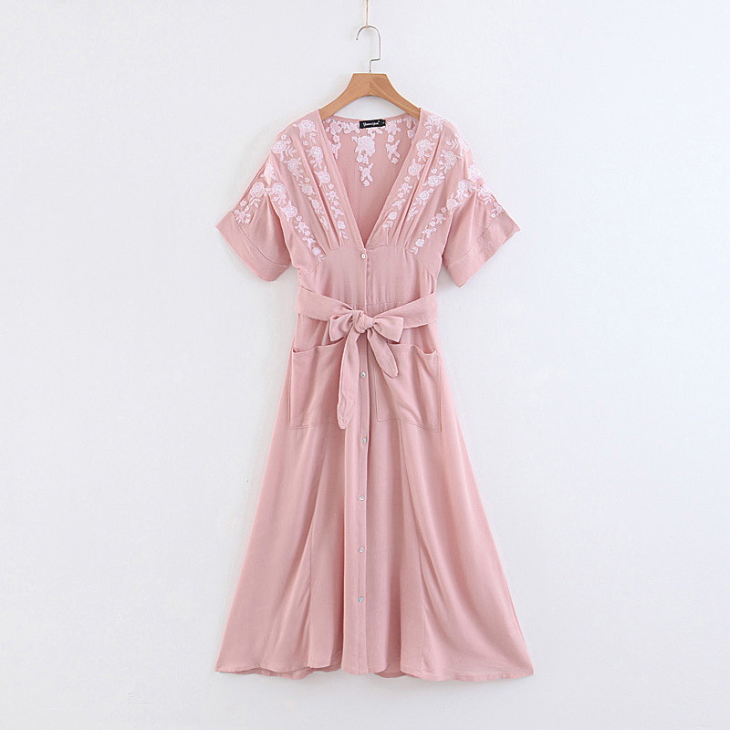 Fashion Pink V Neckkline Design Flower Pattern Dress,Long Dress