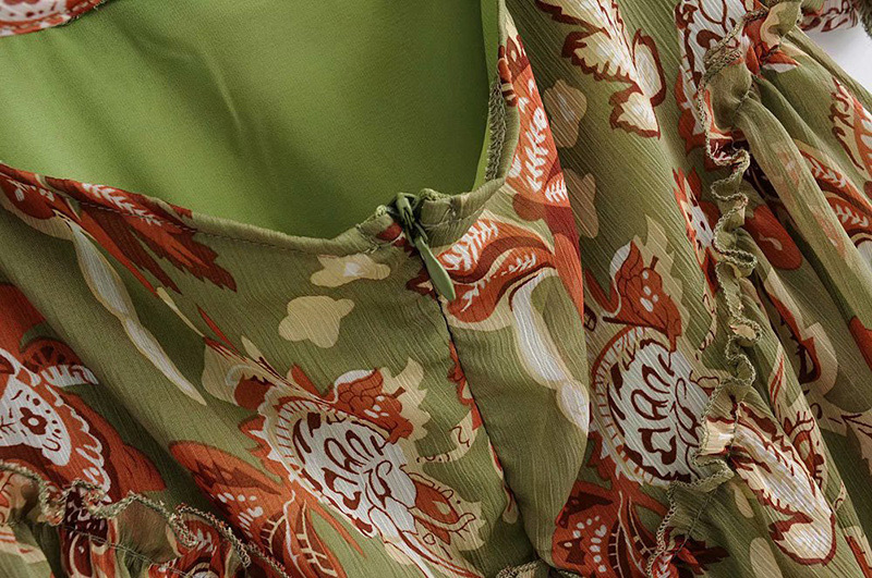 Fashion Green Flower Pattern Decorated V Neckline Dress,Long Dress