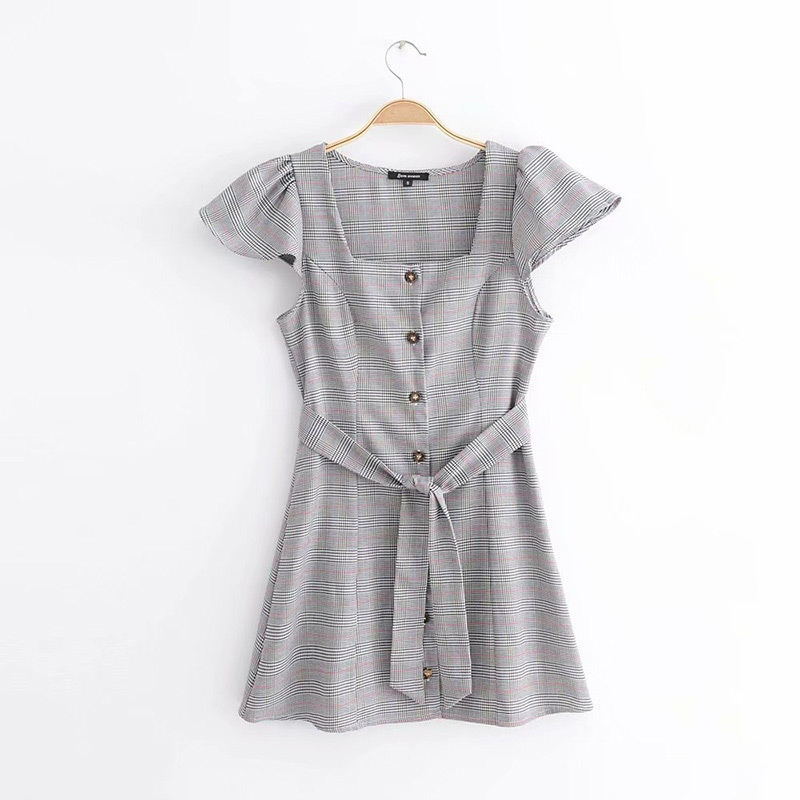 Fashion Gray Grids Pattern Decorated Dress,Long Dress